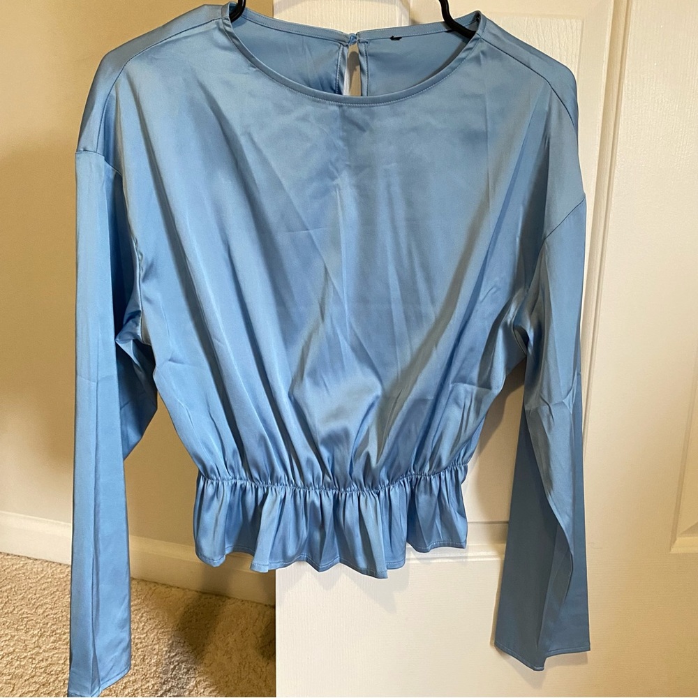 Baby blue long sleeve satin top
